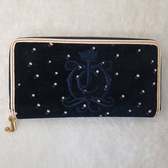 Vintage Y2K Juicy Couture Velour Polka Dot Wallet Navy Blue - Picture 1 of 7